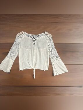 Mudd Women's Medium White Gauze Sheer Top Lace Bell Sleeve Tie Hem Y2K Grunge